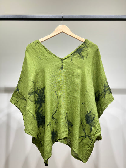 T-Shirt Manche Chauve-Souris Col V Motif Fleuri à Poches 100% Lin