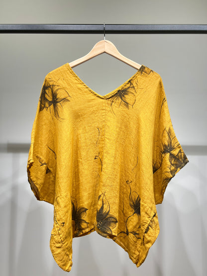 T-Shirt Manche Chauve-Souris Col V Motif Fleuri à Poches 100% Lin