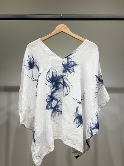 T-Shirt Manche Chauve-Souris Col V Motif Fleuri à Poches 100% Lin