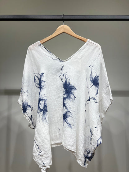 T-Shirt Manche Chauve-Souris Col V Motif Fleuri à Poches 100% Lin