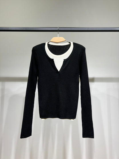 Pull Léger Côtelé Effet Superposé Bicolore Col Fendu