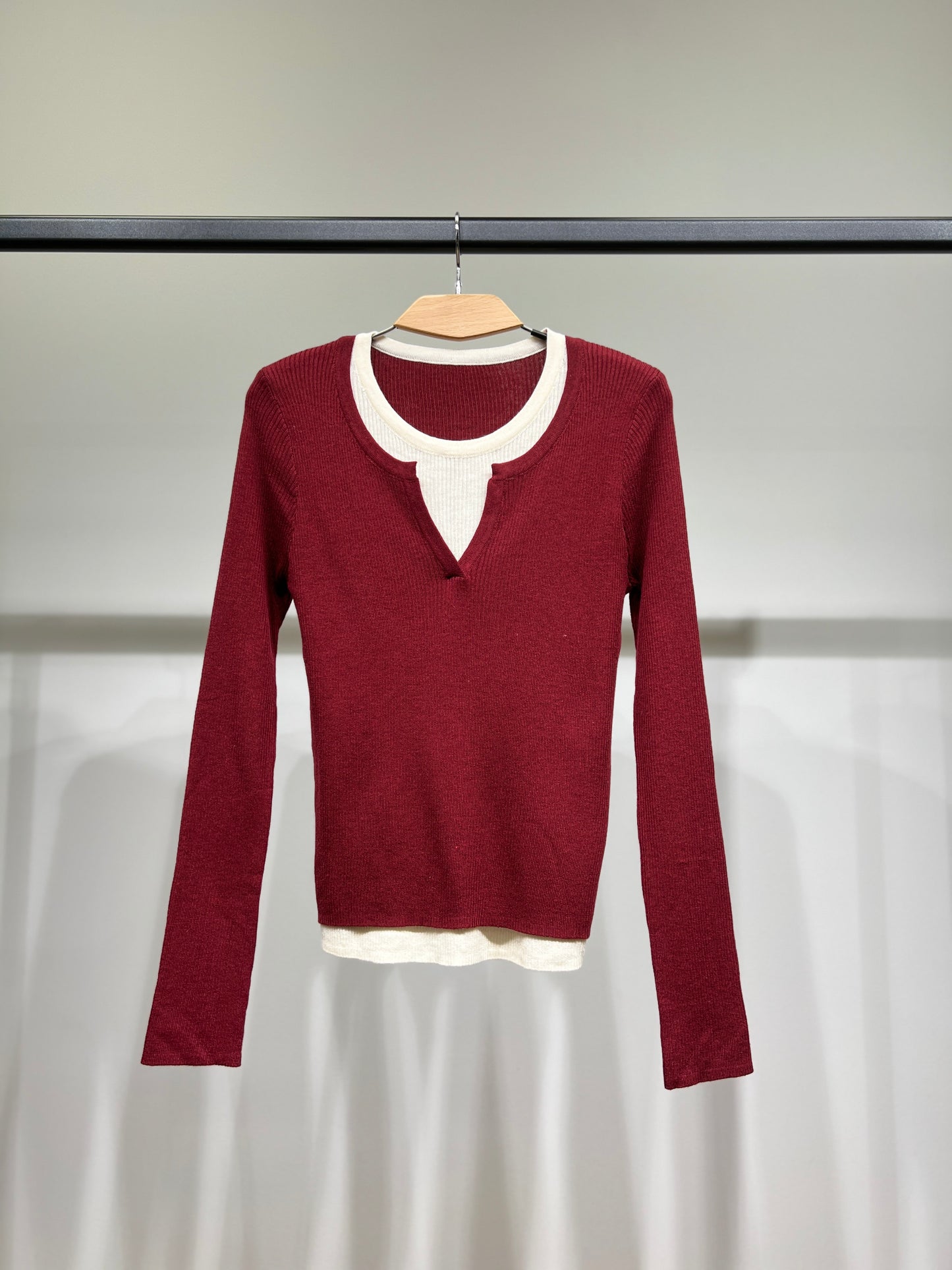 Pull Léger Côtelé Effet Superposé Bicolore Col Fendu