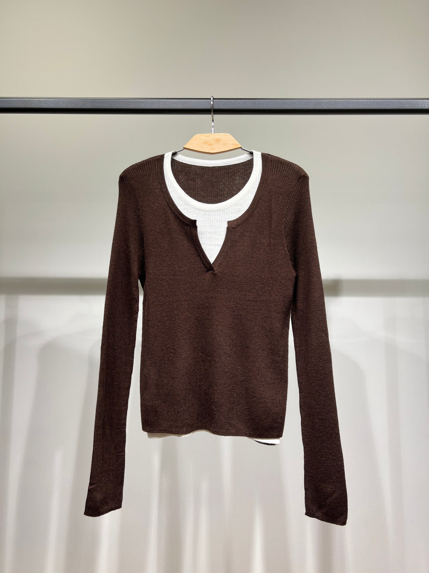 Pull Léger Côtelé Effet Superposé Bicolore Col Fendu