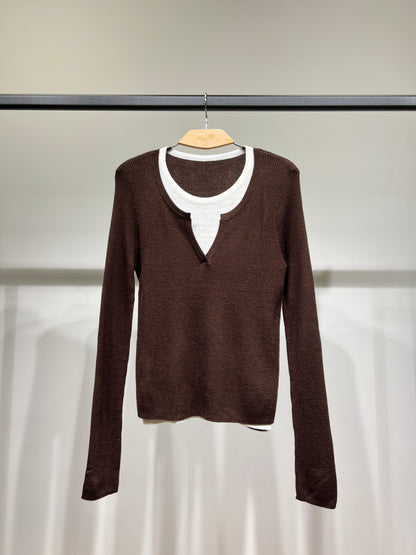 Pull Léger Côtelé Effet Superposé Bicolore Col Fendu