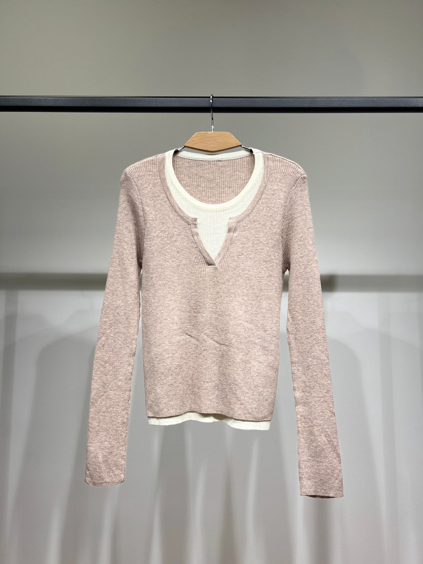 Pull Léger Côtelé Effet Superposé Bicolore Col Fendu