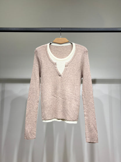 Pull Léger Côtelé Effet Superposé Bicolore Col Fendu