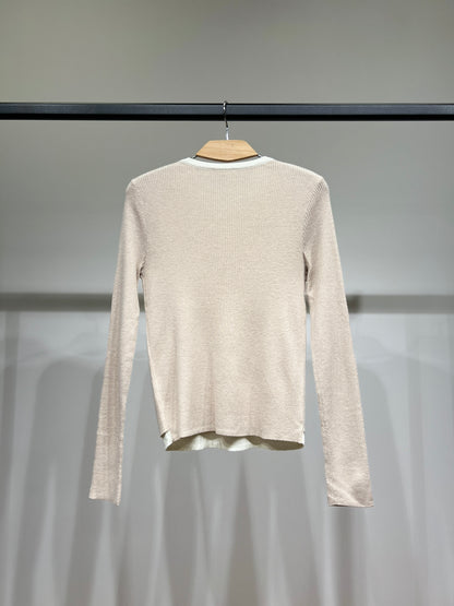 Pull Léger Côtelé Effet Superposé Bicolore Col Fendu