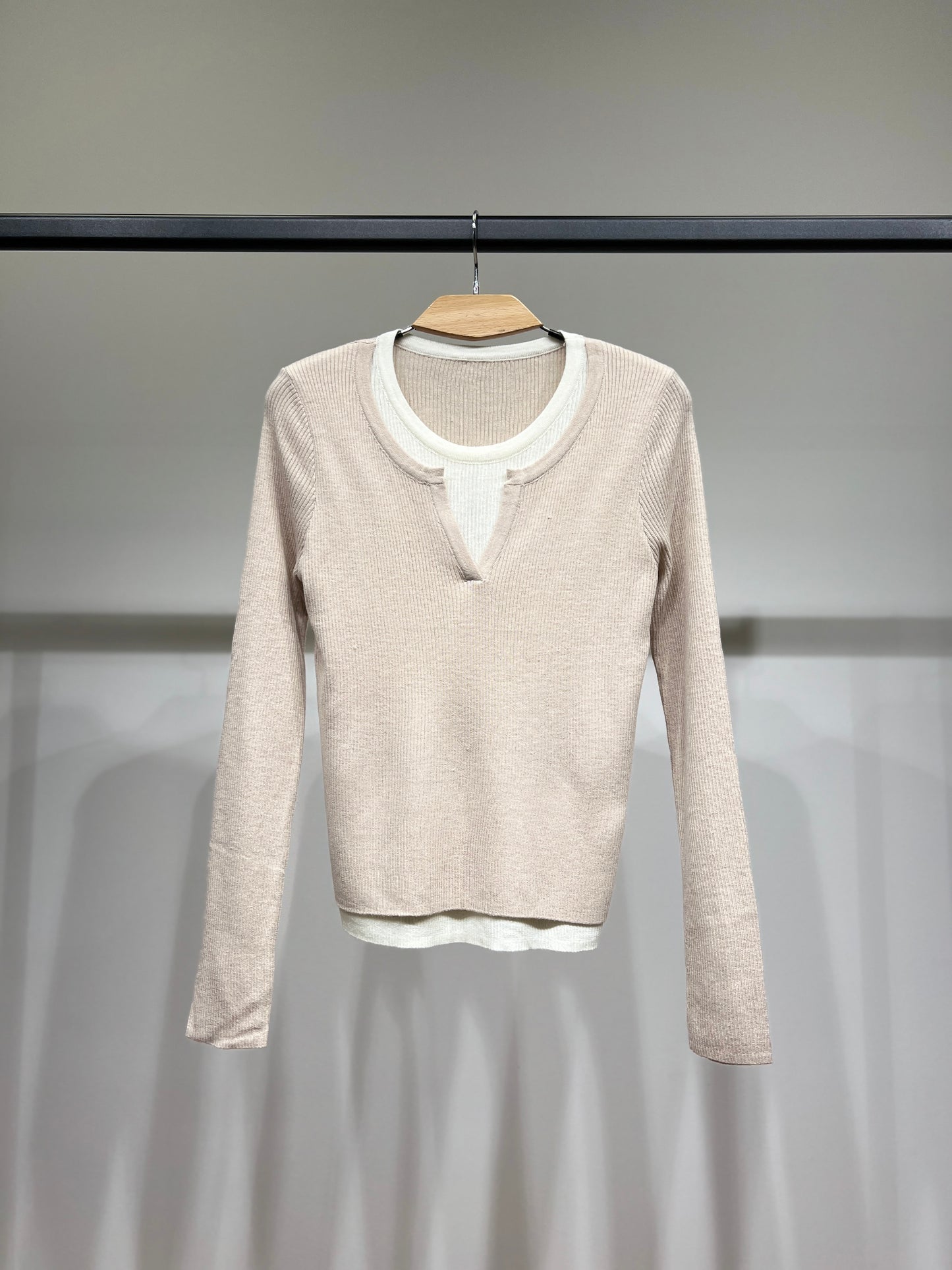 Pull Léger Côtelé Effet Superposé Bicolore Col Fendu