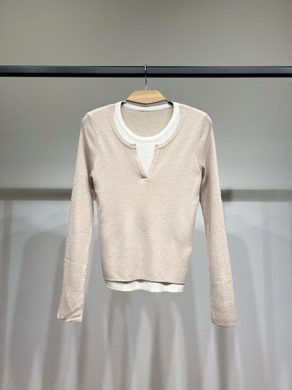 Pull Léger Côtelé Effet Superposé Bicolore Col Fendu