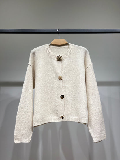Cardigan Large Boutons Fantaisie Bords-Côtes 10% Laine