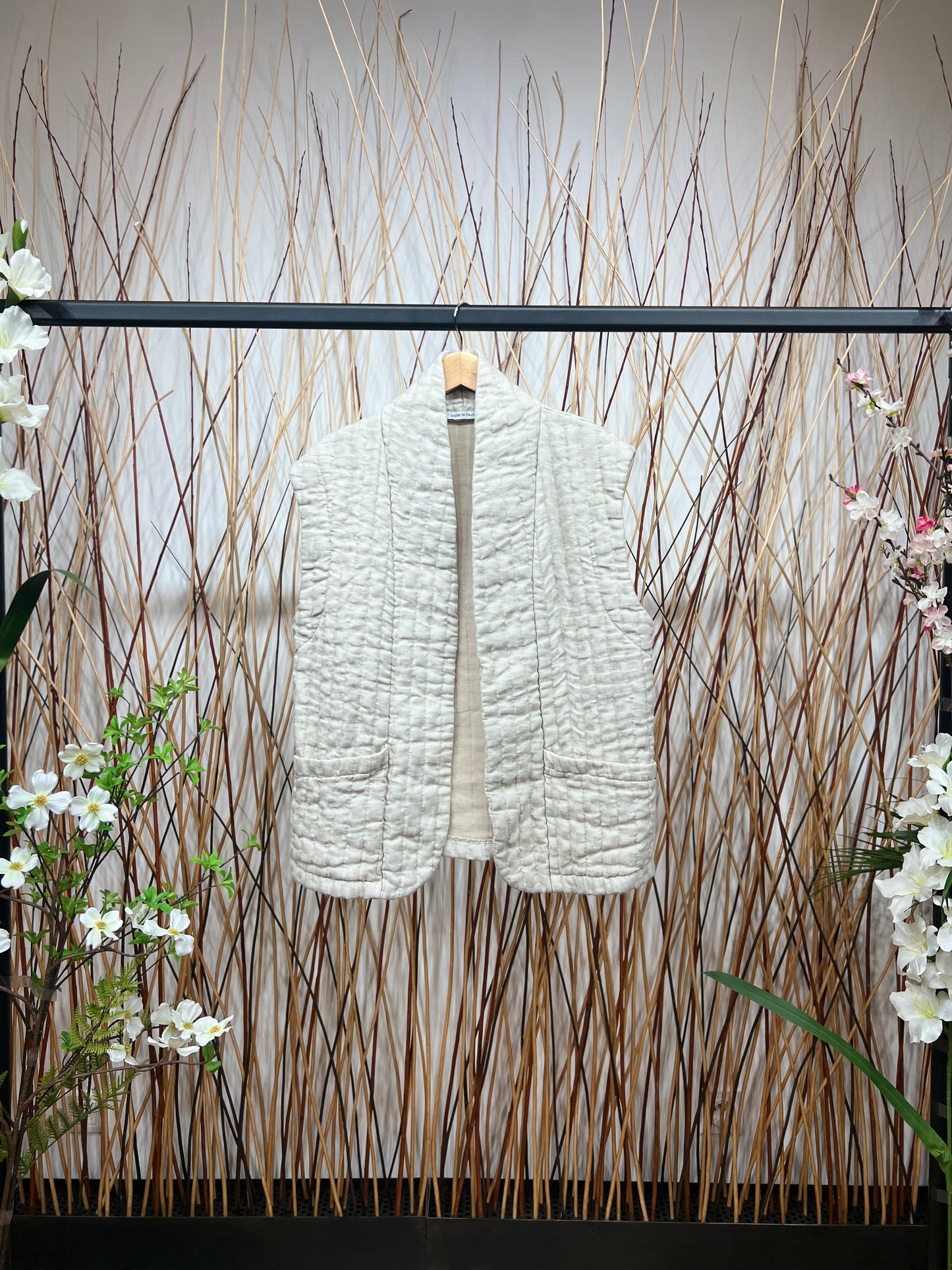 Gilet Motif Carreaux En Polyester Lin Poches Fonctionnelles