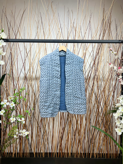 Gilet Motif Carreaux En Polyester Lin Poches Fonctionnelles