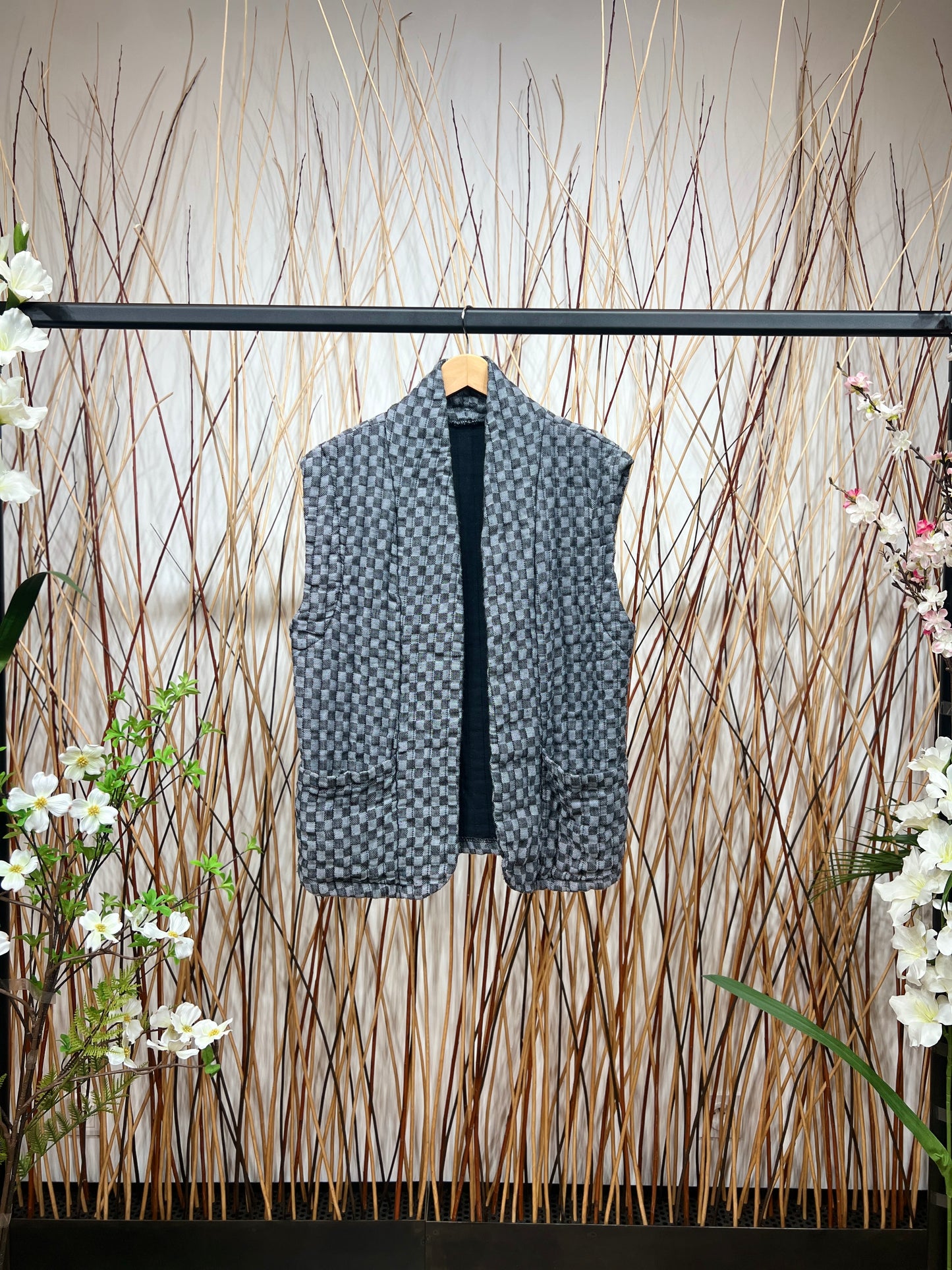 Gilet Motif Carreaux En Polyester Lin Poches Fonctionnelles