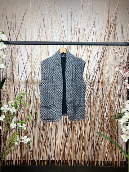 Gilet Motif Carreaux En Polyester Lin Poches Fonctionnelles