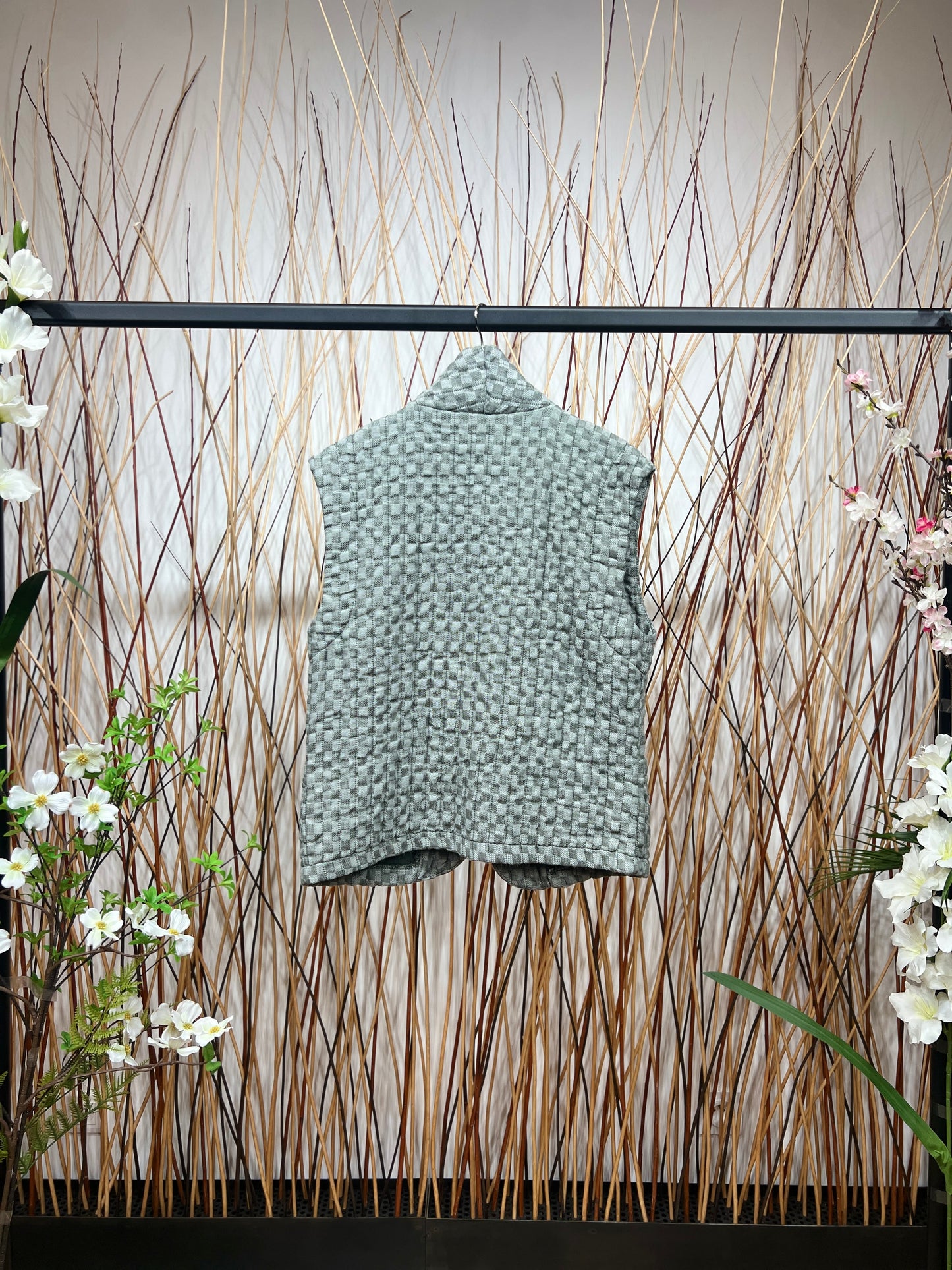 Gilet Motif Carreaux En Polyester Lin Poches Fonctionnelles