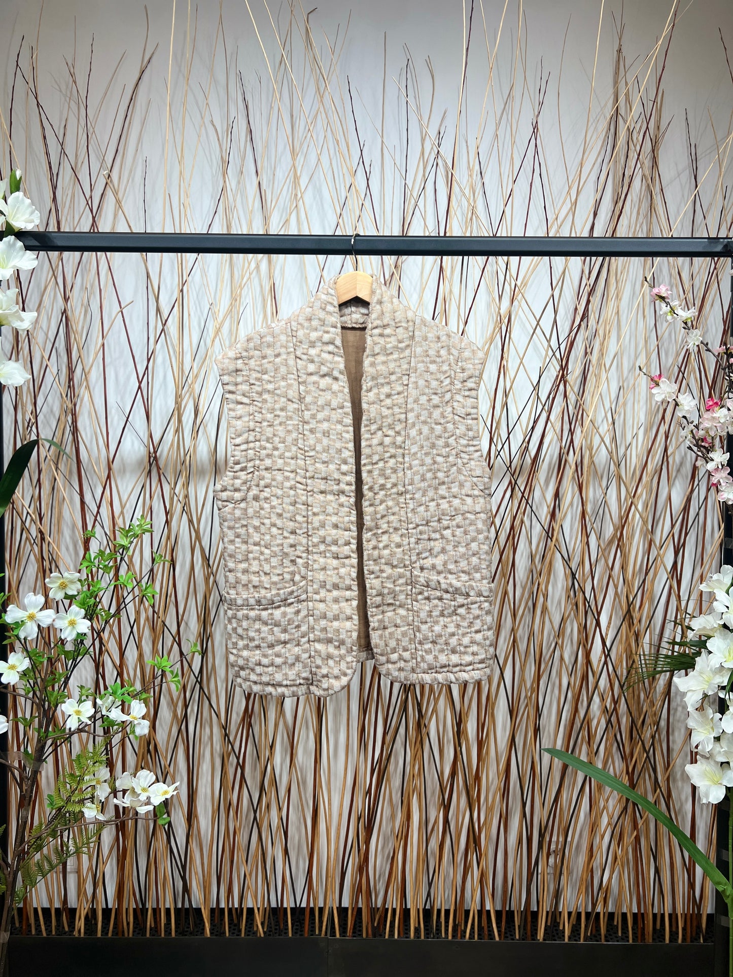 Gilet Motif Carreaux En Polyester Lin Poches Fonctionnelles