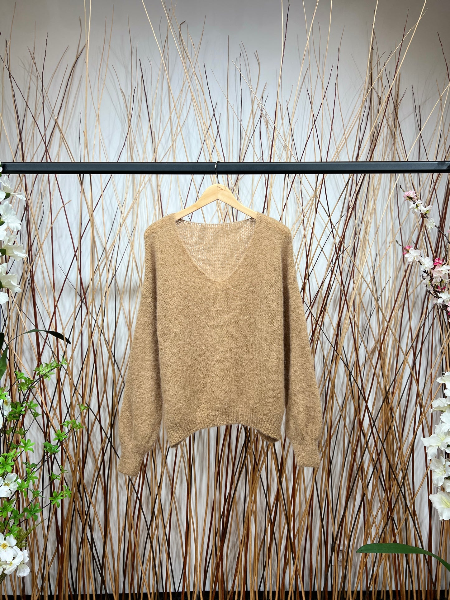 Pull Maille Large Col V Manche Longue Côtelé 80% Kid Mohair