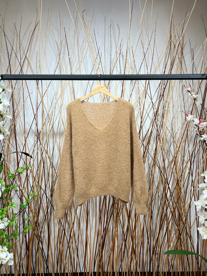 Pull Maille Large Col V Manche Longue Côtelé 80% Kid Mohair