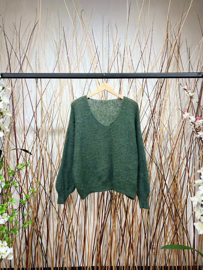 Pull Maille Large Col V Manche Longue Côtelé 80% Kid Mohair