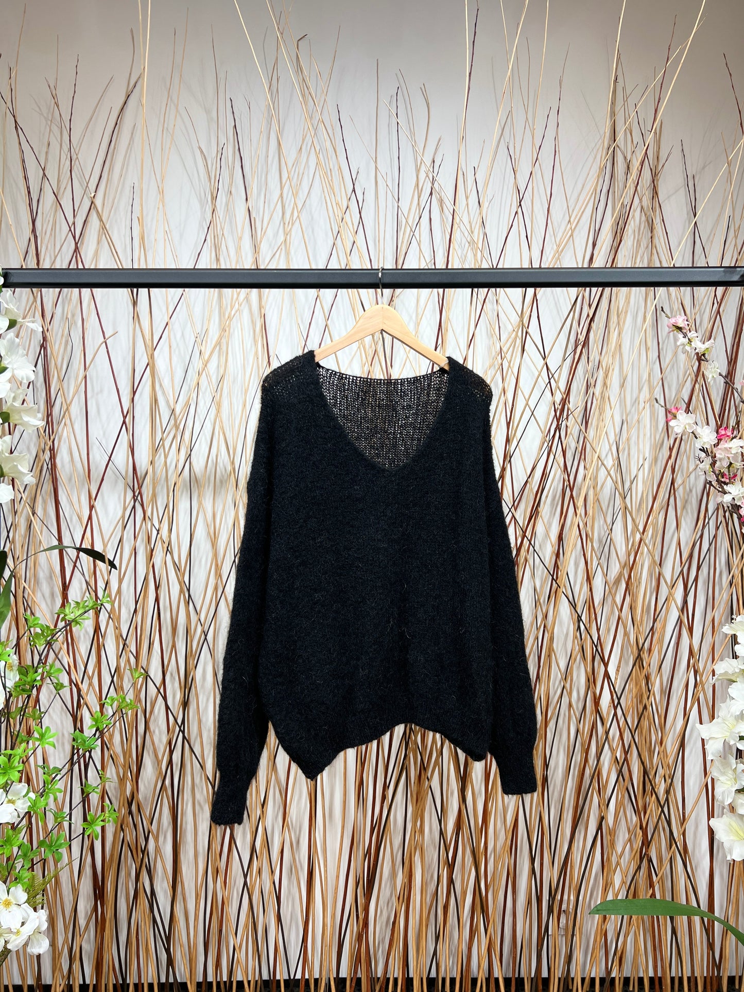 Pull Maille Large Col V Manche Longue Côtelé 80% Kid Mohair