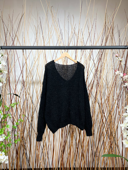 Pull Maille Large Col V Manche Longue Côtelé 80% Kid Mohair