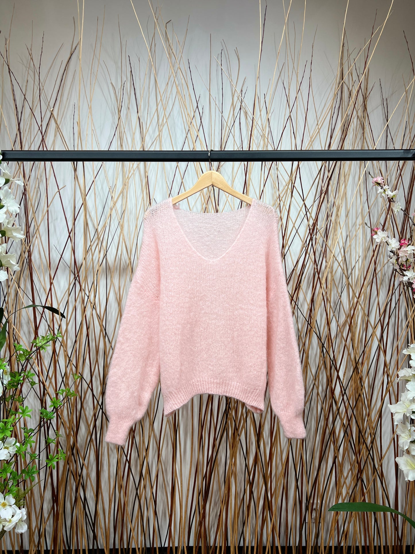 Pull Maille Large Col V Manche Longue Côtelé 80% Kid Mohair