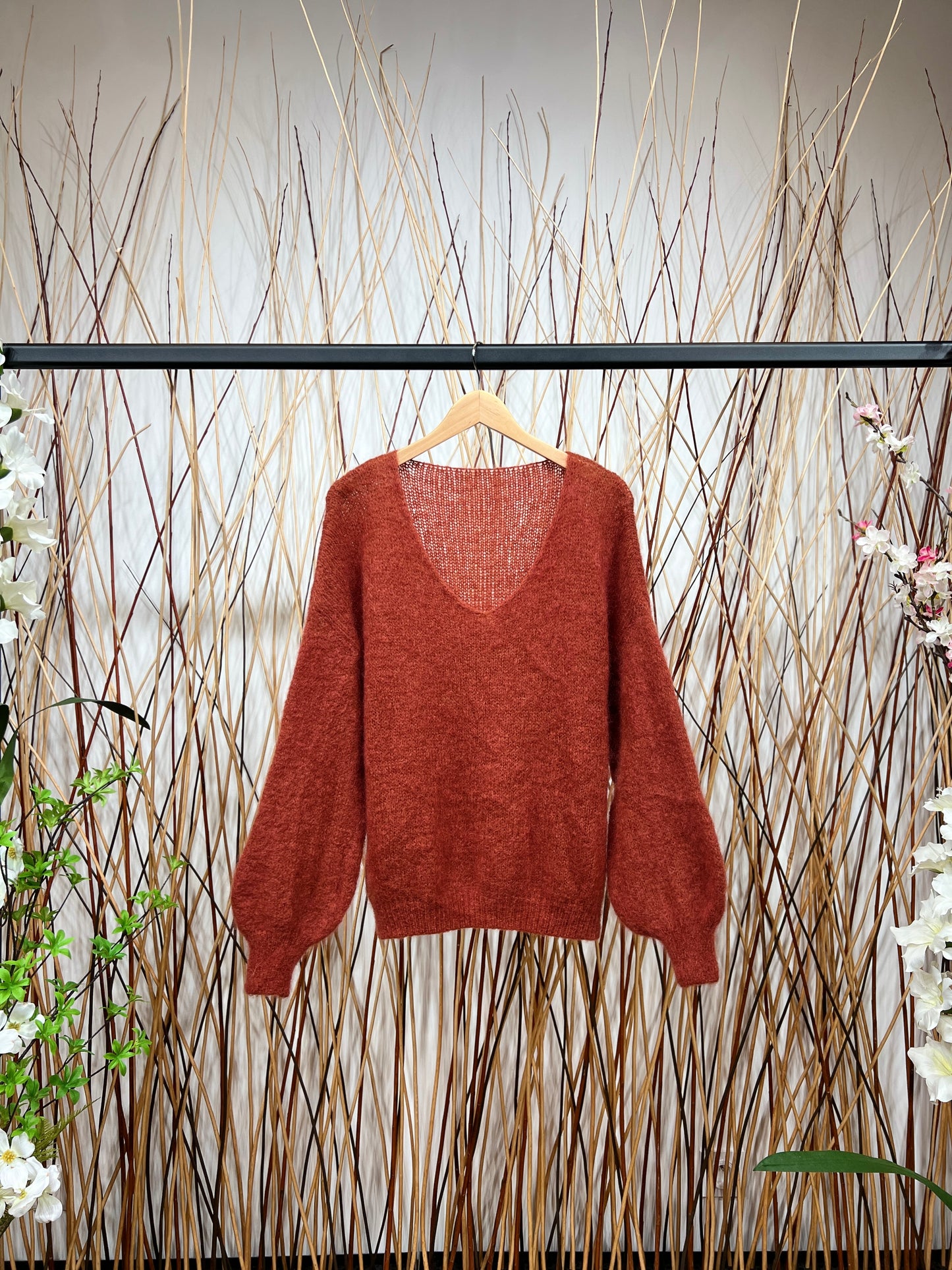 Pull Maille Large Col V Manche Longue Côtelé 80% Kid Mohair