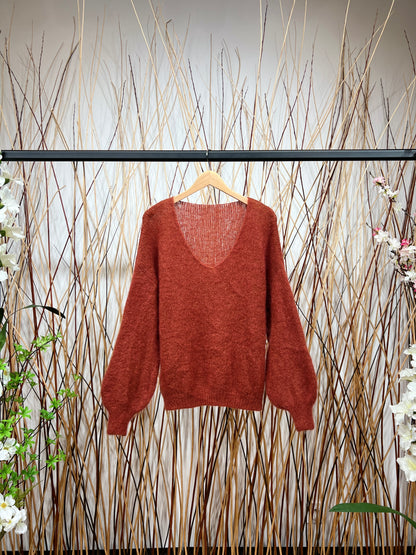 Pull Maille Large Col V Manche Longue Côtelé 80% Kid Mohair