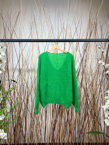 Pull Maille Large Col V Manche Longue Côtelé 80% Kid Mohair