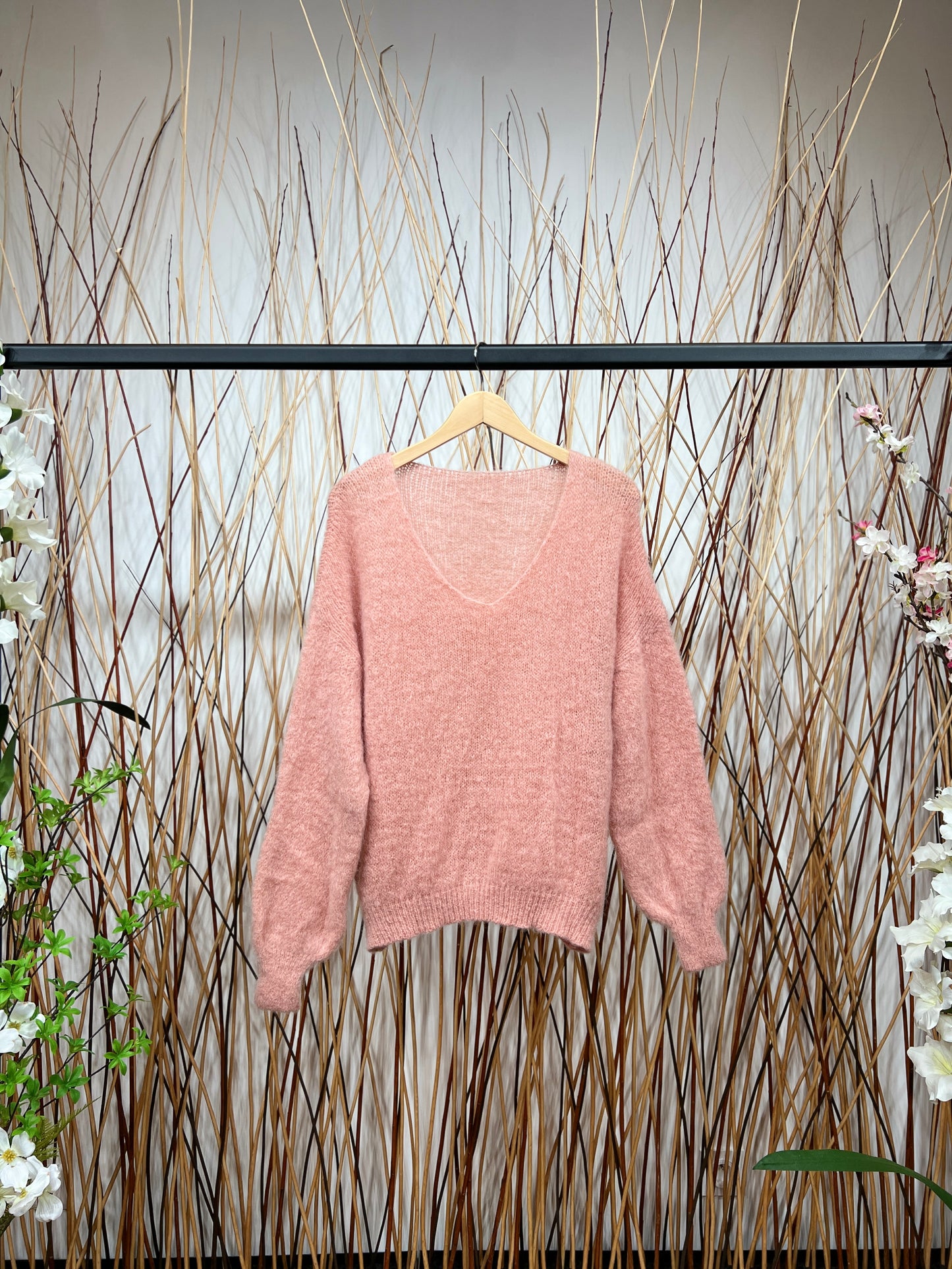 Pull Maille Large Col V Manche Longue Côtelé 80% Kid Mohair