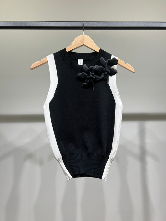 Débardeur Bicolore Taille Élastique Côtelé Fleur Décorative