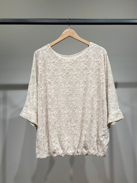 Pull Dentelle à Fleur Taille Élastique Manche Chauve Souris