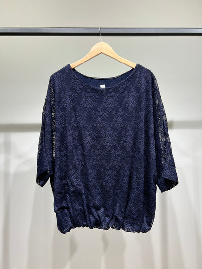 Pull Dentelle à Fleur Taille Élastique Manche Chauve Souris