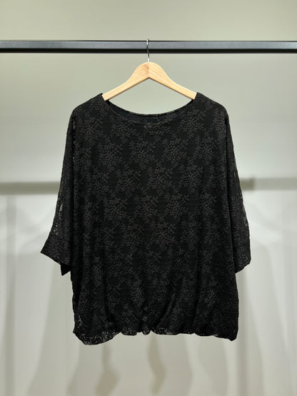 Pull Dentelle à Fleur Taille Élastique Manche Chauve Souris