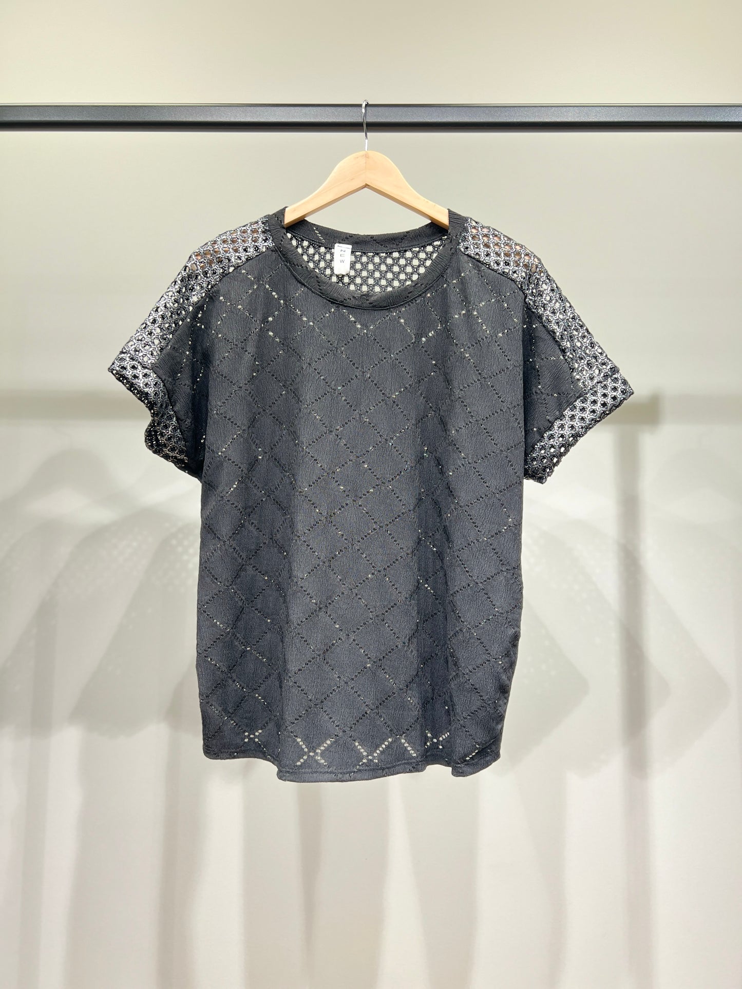 T-Shirt Bi-Matière Maille Brillante Large Tissu Ajouré Carreaux