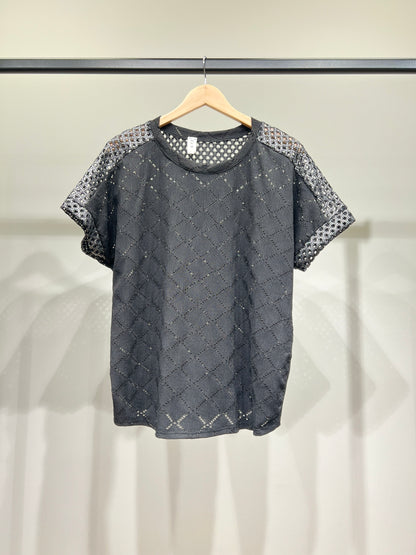 T-Shirt Bi-Matière Maille Brillante Large Tissu Ajouré Carreaux