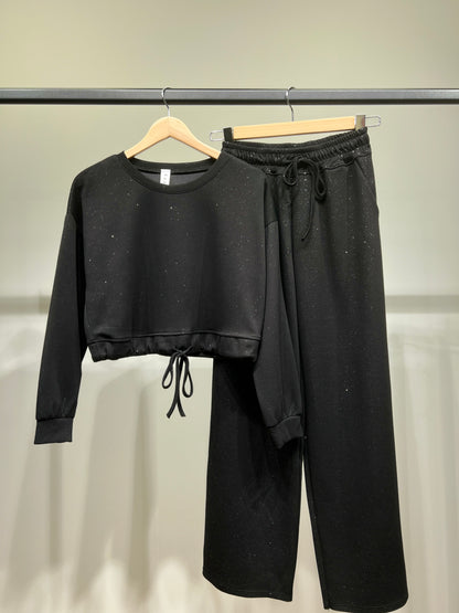 Ensemble Sweat & Pantalon Crop Top Cordon Lurex 95% Viscose