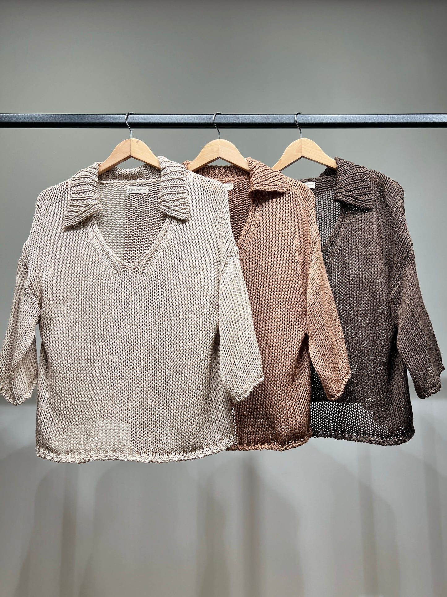 Pull Mailles Large Col Chemise Manche 3/4