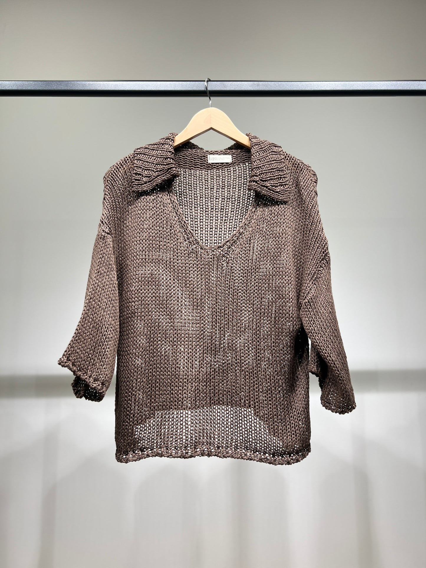Pull Mailles Large Col Chemise Manche 3/4