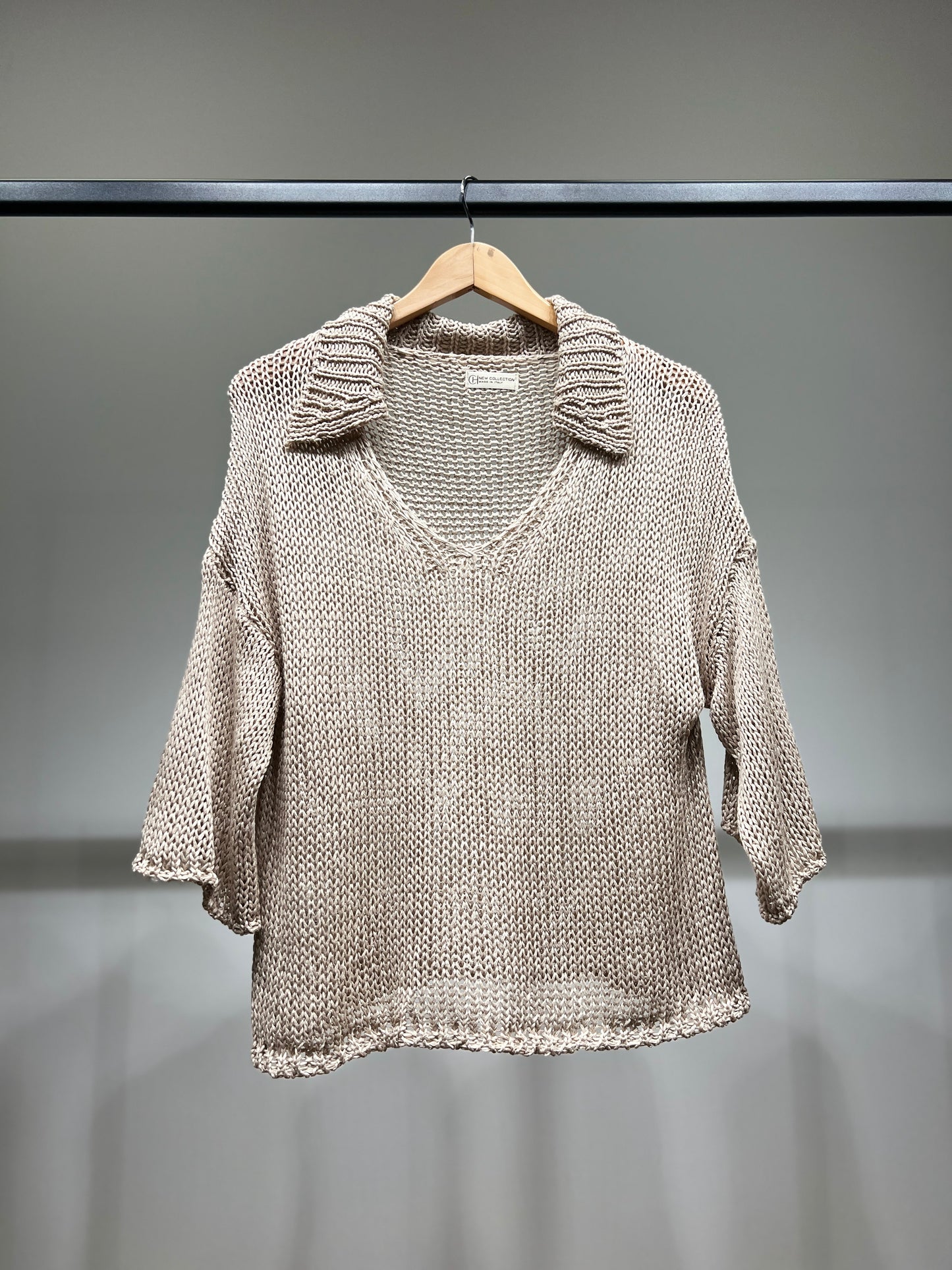 Pull Mailles Large Col Chemise Manche 3/4