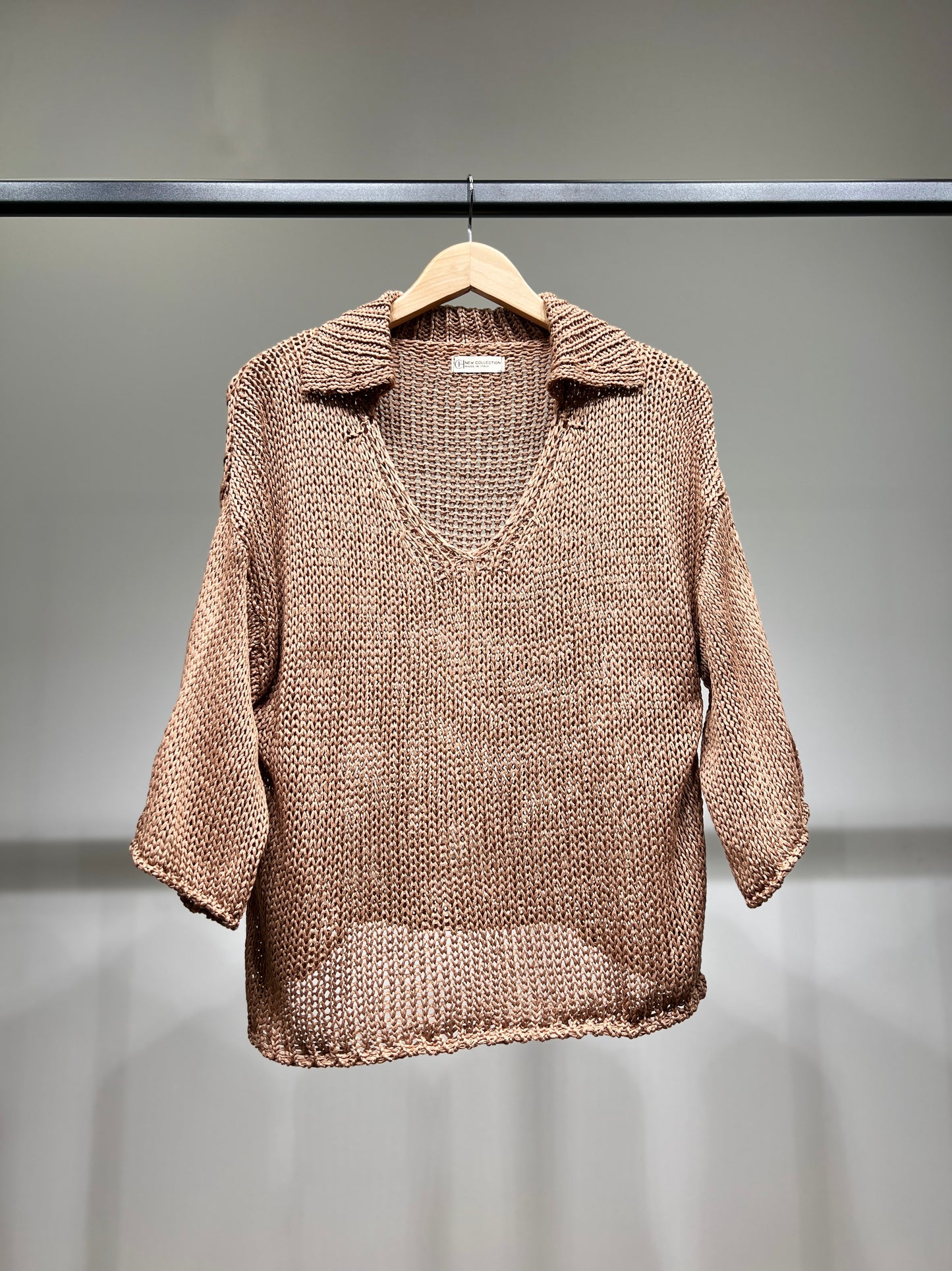 Pull Mailles Large Col Chemise Manche 3/4