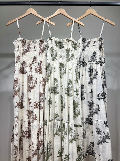 Robe Été Bretelles Ajustable Motif Tropical Smock 100% Coton