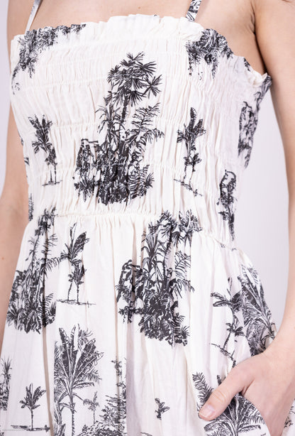 Robe Été Bretelles Ajustable Motif Tropical Smock 100% Coton