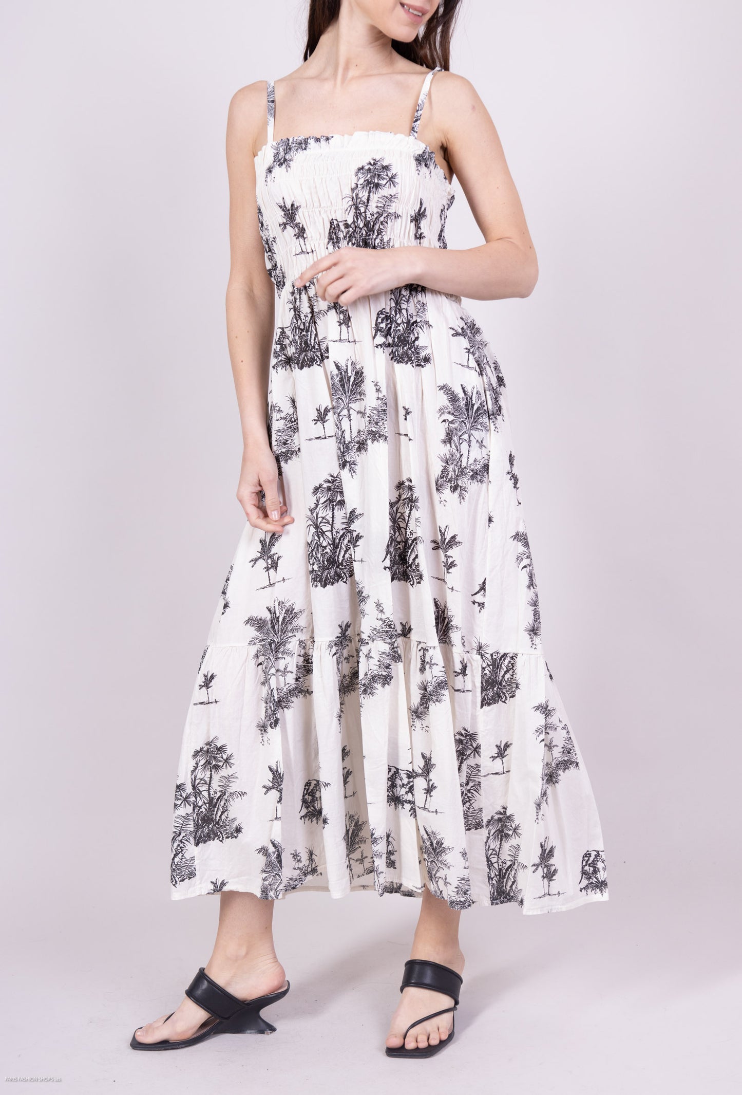 Robe Été Bretelles Ajustable Motif Tropical Smock 100% Coton