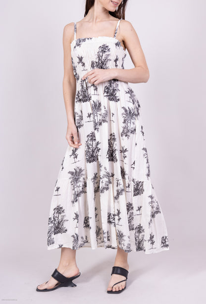 Robe Été Bretelles Ajustable Motif Tropical Smock 100% Coton