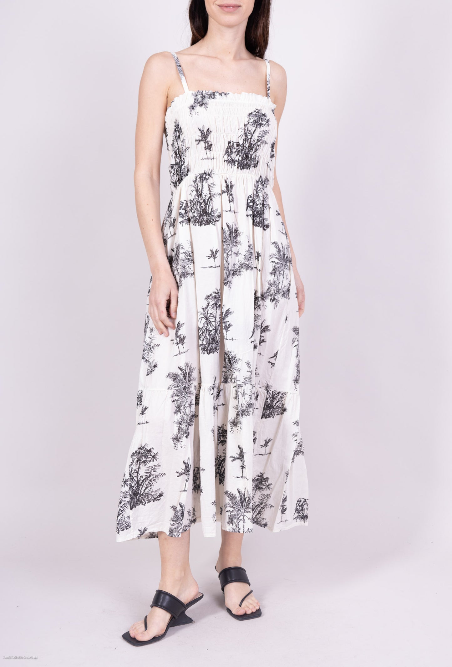 Robe Été Bretelles Ajustable Motif Tropical Smock 100% Coton