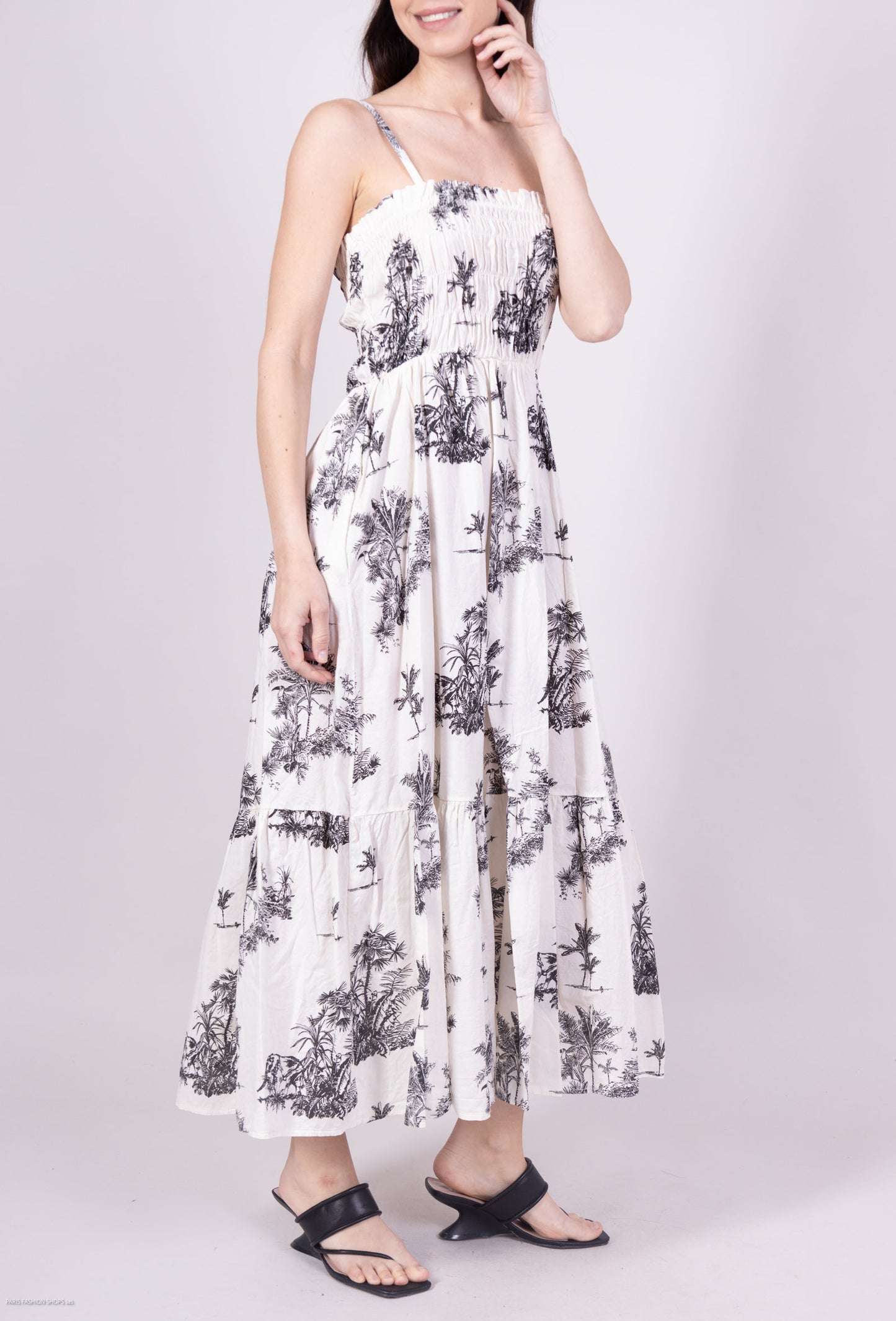 Robe Été Bretelles Ajustable Motif Tropical Smock 100% Coton