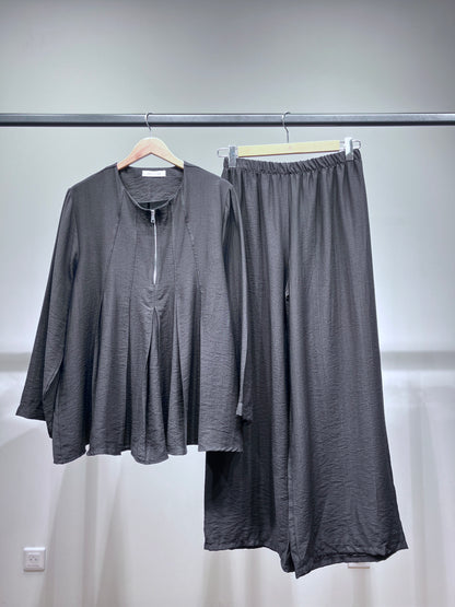 Ensemble Top & Pantalon Col Zippé Plissé En Viscose Nylon