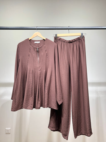 Ensemble Top & Pantalon Col Zippé Plissé En Viscose Nylon