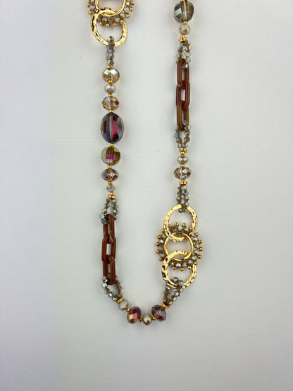 Collier Sautoir à Perles Pierres Et Boucles Taupe